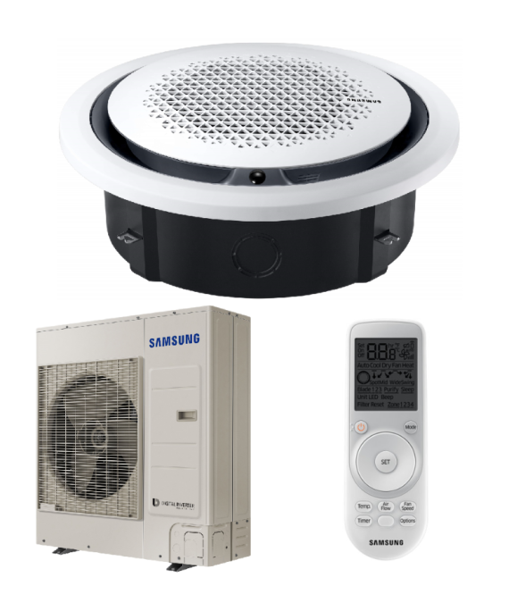 SAMSUNG 360 KASETINIO TIPO 10.0-11.2KW ORO KONDICIONIERIAUS KOMPLEKTAS (TRIFAZIS ĮRENGINYS); KOMPLEKTUOJAMAS SU PASIRENKAMA APDAILA IR DISTANCINIU PULTELIU.