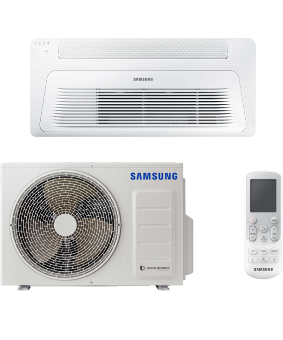 SAMSUNG BEVĖJĖS 1-KRYPTĖS 2.6/3.3KW KASETĖS KOMPLEKTAS; KOMPLEKTUOJAMAS SU APDAILA IR DISTANCINIU PULTELIU.