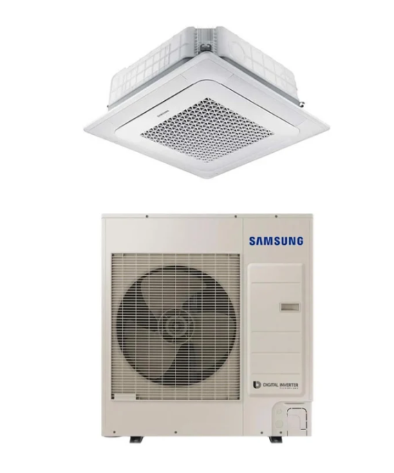 SAMSUNG BEVĖJĖS 4-KRYPTĖS 10.0/11.2KW KASETĖS (HEE) KOMPLEKTAS (VIENFAZIS ĮRENGINYS); KOMPLEKTUOJAMAS SU APDAILA IR DISTANCINIU PULTELIU.