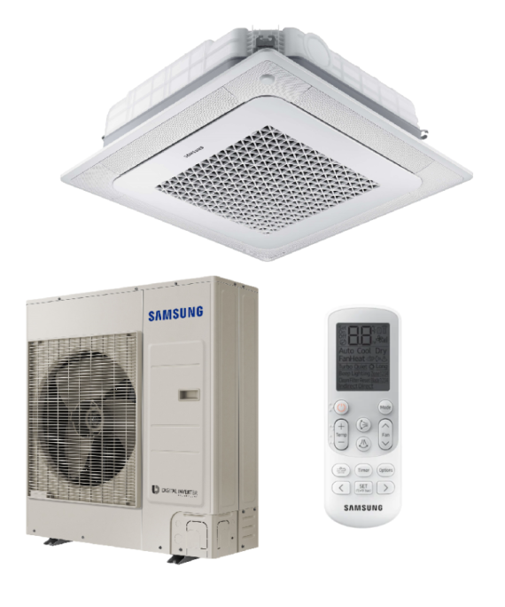 SAMSUNG BEVĖJĖS 4-KRYPTĖS 10.0/11.2KW KASETĖS KOMPLEKTAS (VIENFAZIS ĮRENGINYS); KOMPLEKTUOJAMAS SU APDAILA IR DISTANCINIU PULTELIU.