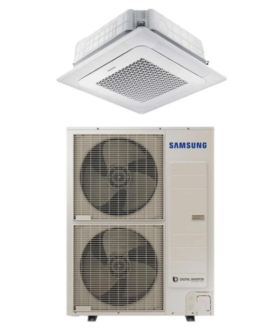 SAMSUNG BEVĖJĖS 4-KRYPTĖS 13.4/15.5KW KASETĖS (HEE) KOMPLEKTAS (TRIFAZIS ĮRENGINYS); KOMPLEKTUOJAMAS SU APDAILA IR DISTANCINIU PULTELIU.