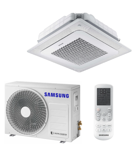 SAMSUNG BEVĖJĖS 4-KRYPTĖS 5.0/6.0KW KASETĖS KOMPLEKTAS; KOMPLEKTUOJAMAS SU APDAILA IR DISTANCINIU PULTELIU.