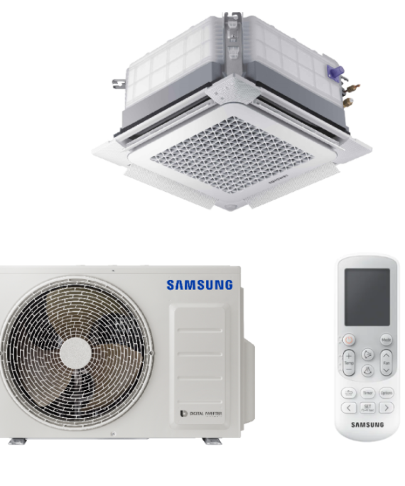 SAMSUNG BEVĖJĖS 4-KRYPTĖS 600x600 2.6/3.4KW KASETĖS KOMPLEKTAS; KOMPLEKTUOJAMAS SU APDAILA IR DISTANCINIU PULTELIU.