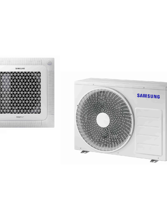 SAMSUNG BEVĖJĖS 4-KRYPTĖS 600x600 3.5/4.0KW KASETĖS (HEE) KOMPLEKTAS; KOMPLEKTUOJAMAS SU APDAILA IR DISTANCINIU PULTELIU.
