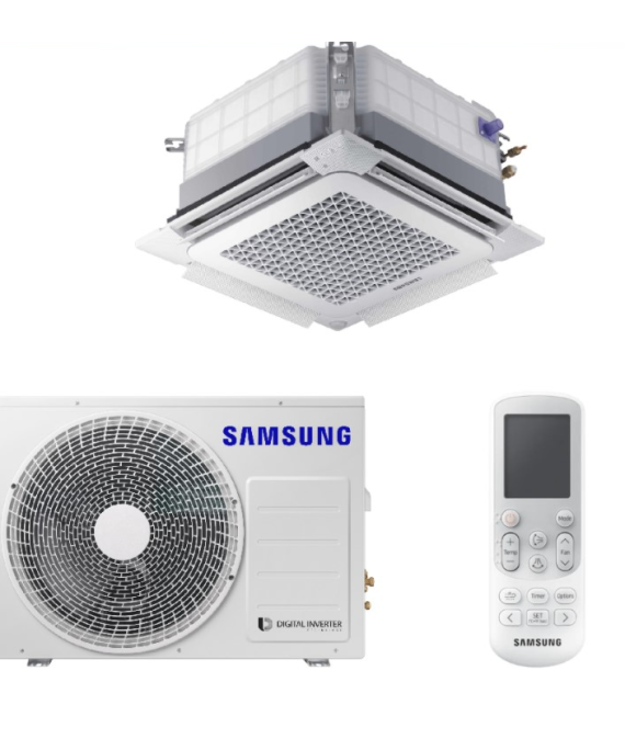 SAMSUNG BEVĖJĖS 4-KRYPTĖS 600x600 5.0/5.5KW KASETĖS KOMPLEKTAS; KOMPLEKTUOJAMAS SU APDAILA IR DISTANCINIU PULTELIU.