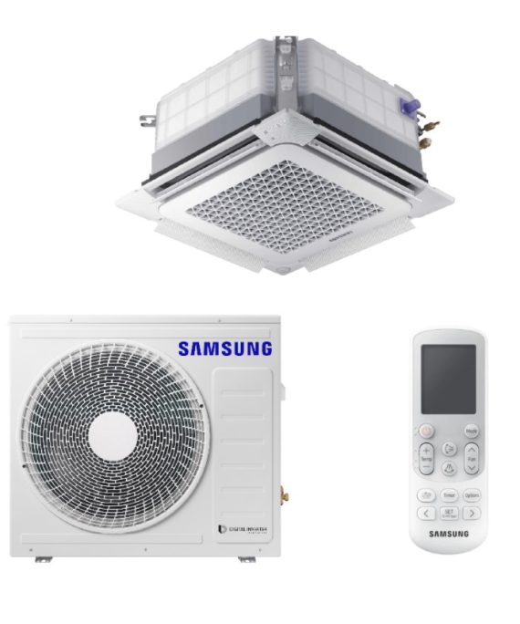 SAMSUNG BEVĖJĖS 4-KRYPTĖS 600x600 6.8/7.5KW KASETĖS KOMPLEKTAS; KOMPLEKTUOJAMAS SU APDAILA IR DISTANCINIU PULTELIU.