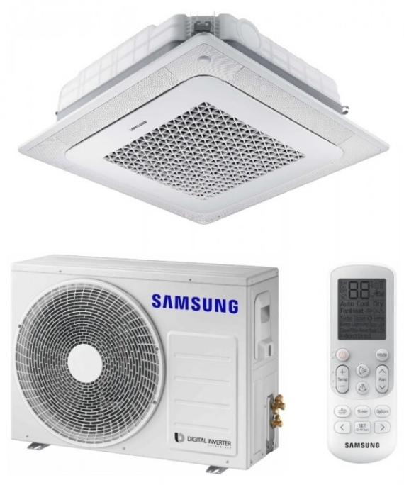 SAMSUNG BEVĖJĖS 4-KRYPTĖS 7.1/8.0KW KASETĖS (HEE) KOMPLEKTAS (VIENFAZIS ĮRENGINYS); KOMPLEKTUOJAMAS SU APDAILA IR DISTANCINIU PULTELIU.