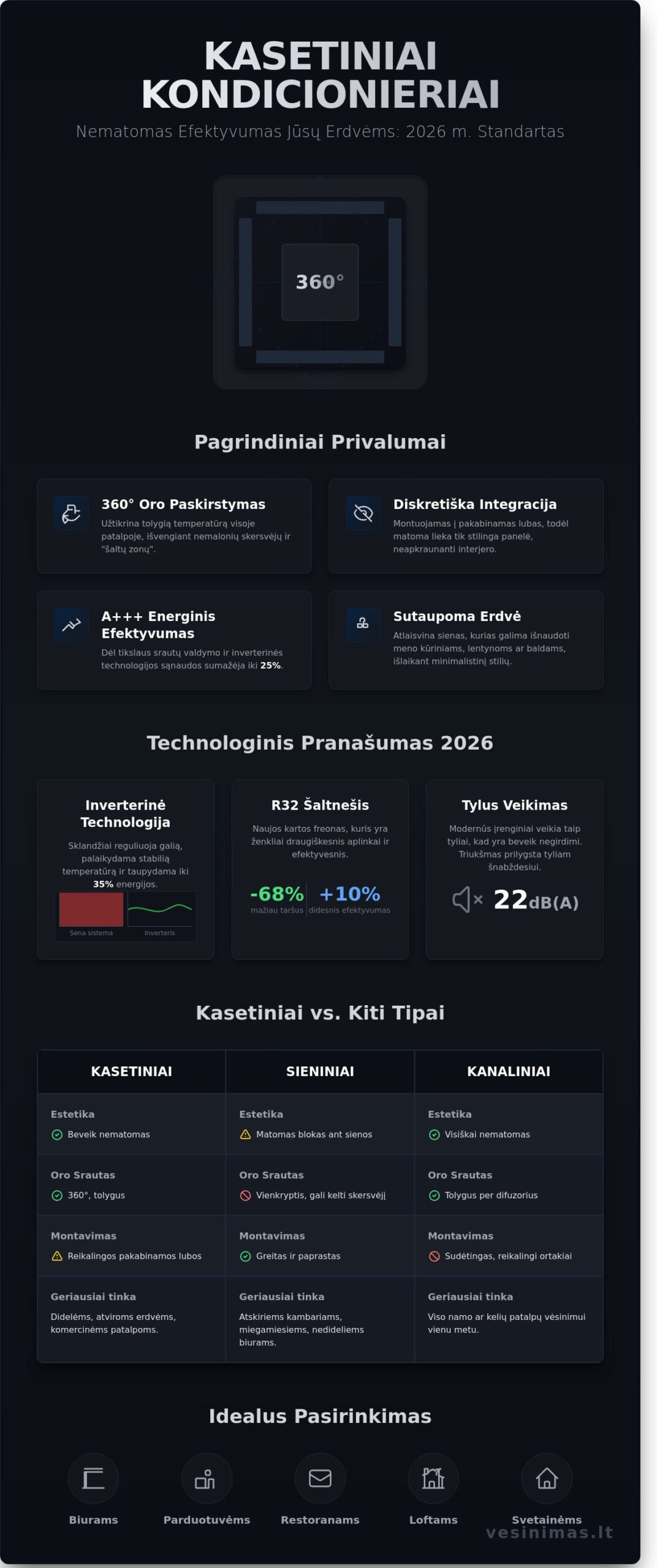 Kasetiniai oro kondicionieriai: Efektyvus vėsinimas didelėms erdvėms (2026 m. gidas) - Infographic