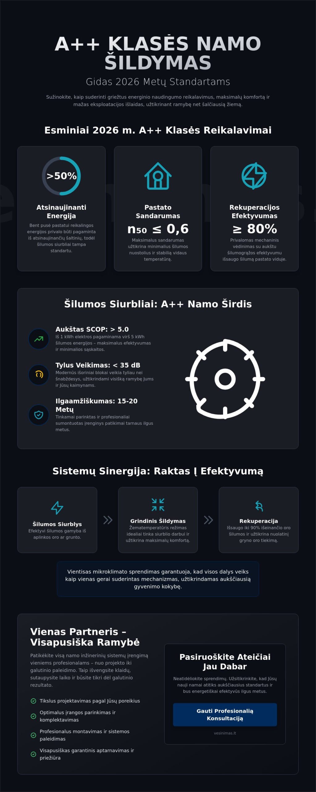 A++ klasės namo šildymas: Išsamus gidas efektyviausiam sprendimui 2026 m. - Infographic