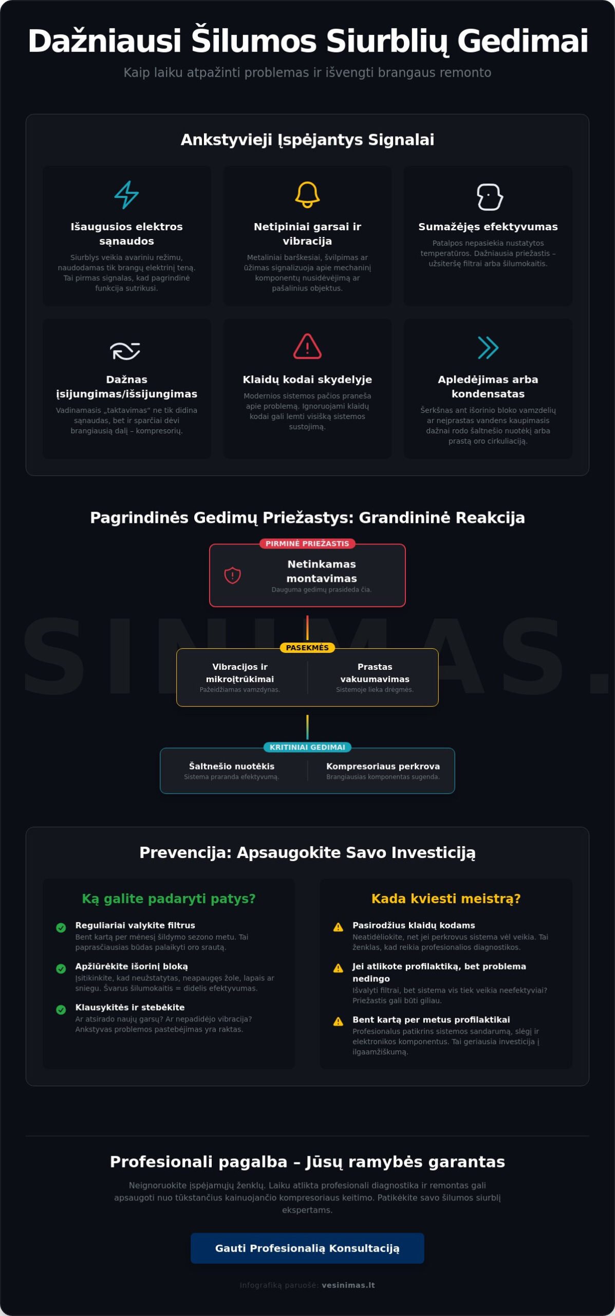 Dažniausi šilumos siurblių gedimai: kaip juos atpažinti ir išvengti 2026 metais? - Infographic
