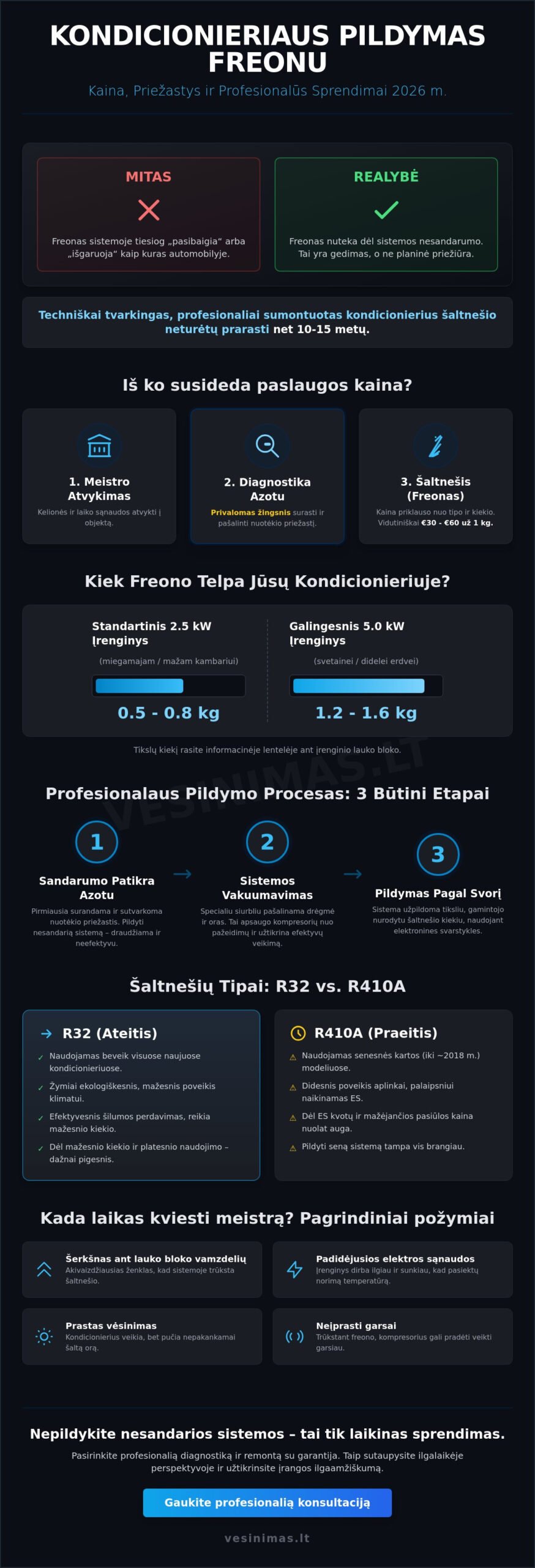 Kondicionieriaus pildymas freonu: kaina, procesas ir ką būtina žinoti 2026 m. - Infographic