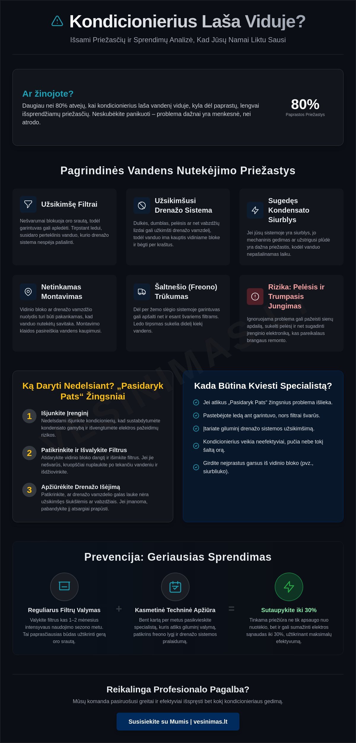 Kondicionierius laša vanduo viduje: priežastys ir sprendimo būdai 2026 m. Kondicionierius laša vanduo viduje: priežastys ir sprendimo būdai 2026 m. - Infographic