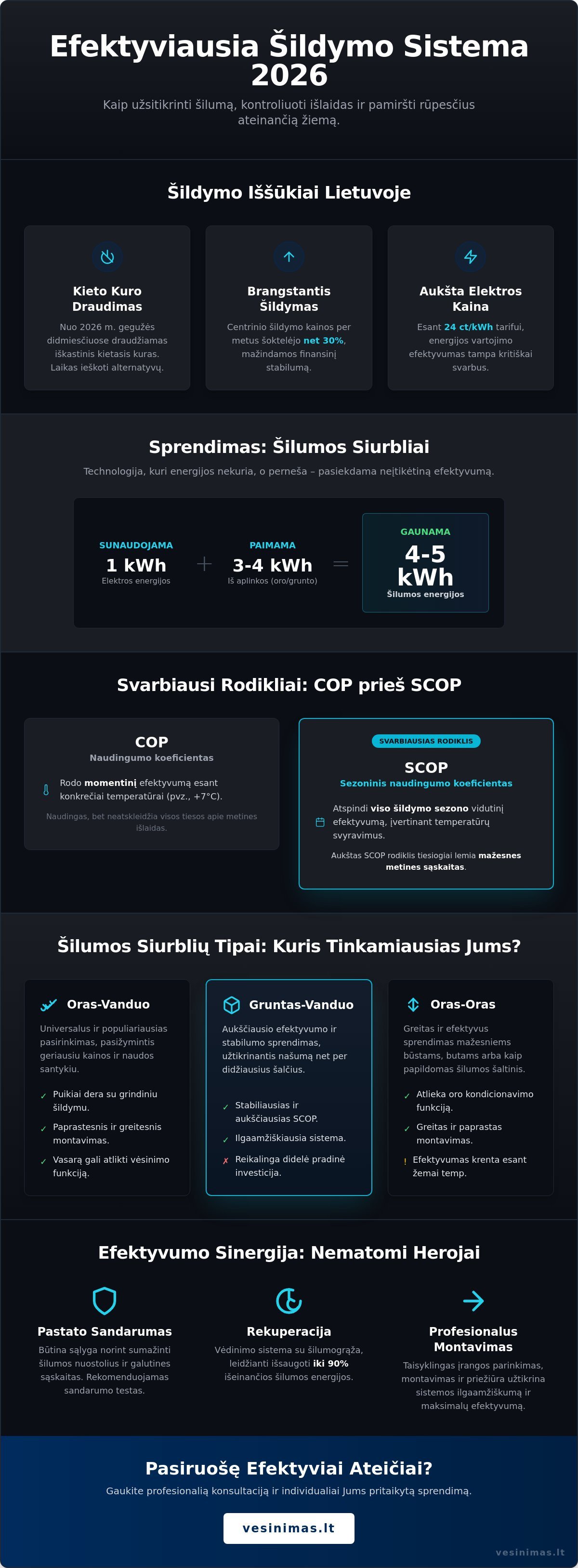 Efektyviausia šildymo sistema 2026 m.: Kaip pasiekti maksimalų komfortą mažiausiomis sąnaudomis? - Infographic