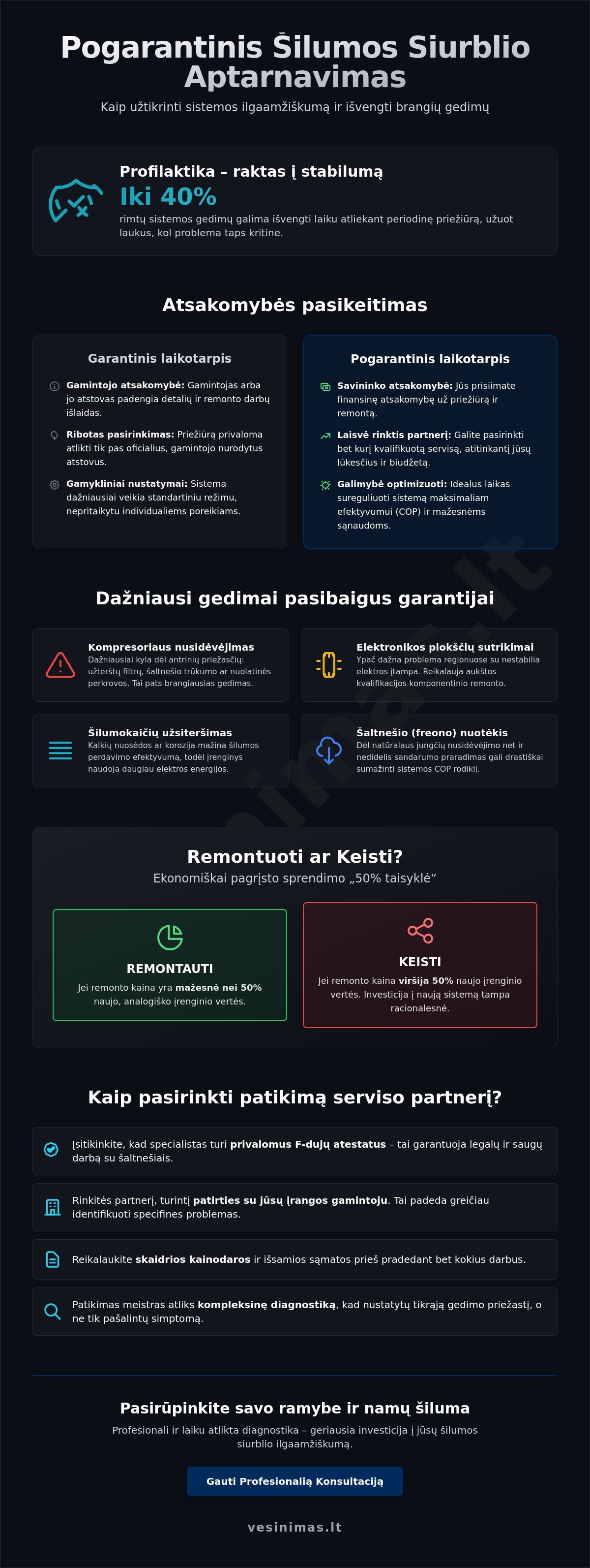 Pogarantinis šilumos siurblio remontas: viskas, ką reikia žinoti 2026 m. Pogarantinis šilumos siurblio remontas: viskas, ką reikia žinoti 2026 m. - Infographic