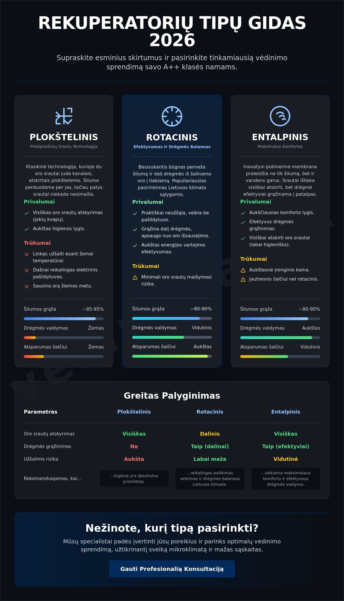 Rekuperatorių tipai ir skirtumai: išsamus 2026 m. gidas ieškantiems komforto - Infographic