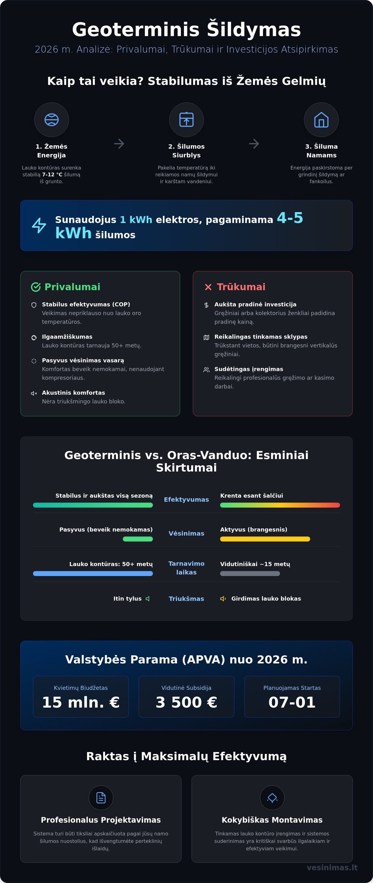 Geoterminio šildymo privalumai ir trūkumai: Ar verta investuoti 2026 metais? Geoterminio šildymo privalumai ir trūkumai: Ar verta investuoti 2026 metais? - Infographic